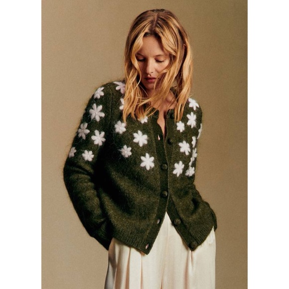 NWT Sezane Andrew Kid Mohair Wool Green Embroidered Floral Cardigan Sweater XS - Picture 8 of 11